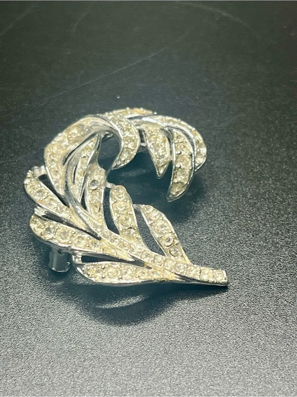 Vintage Lisner Rhinestone Leaf Brooch Silver Tone Signed Mid Century